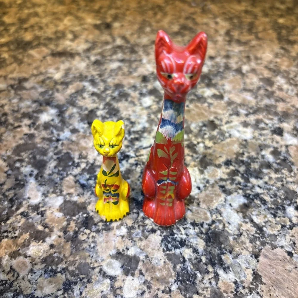 2 Vintage Long Necked Cat Figurines Hand Painted in Portugal Red Yellow Folk Art